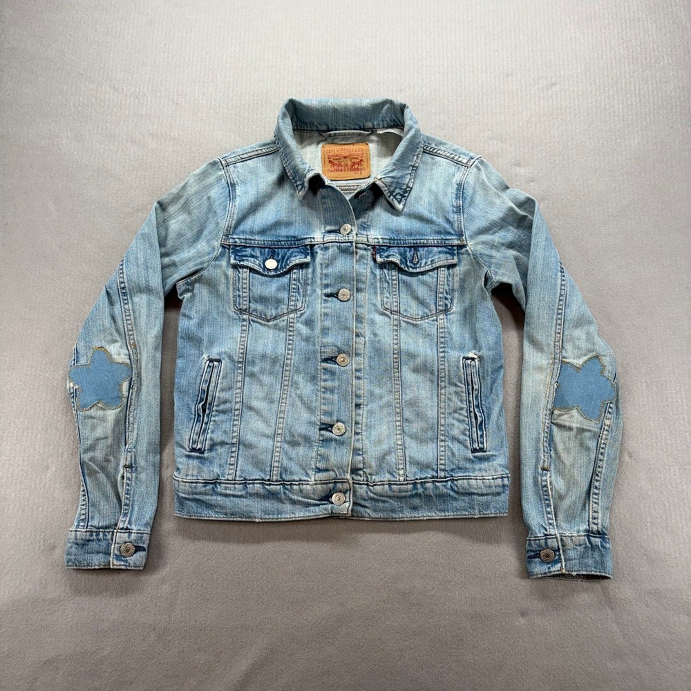 Levi's Denim Trucker Jacket Womens S Light Blue Star Elbow Patches 70240-0085